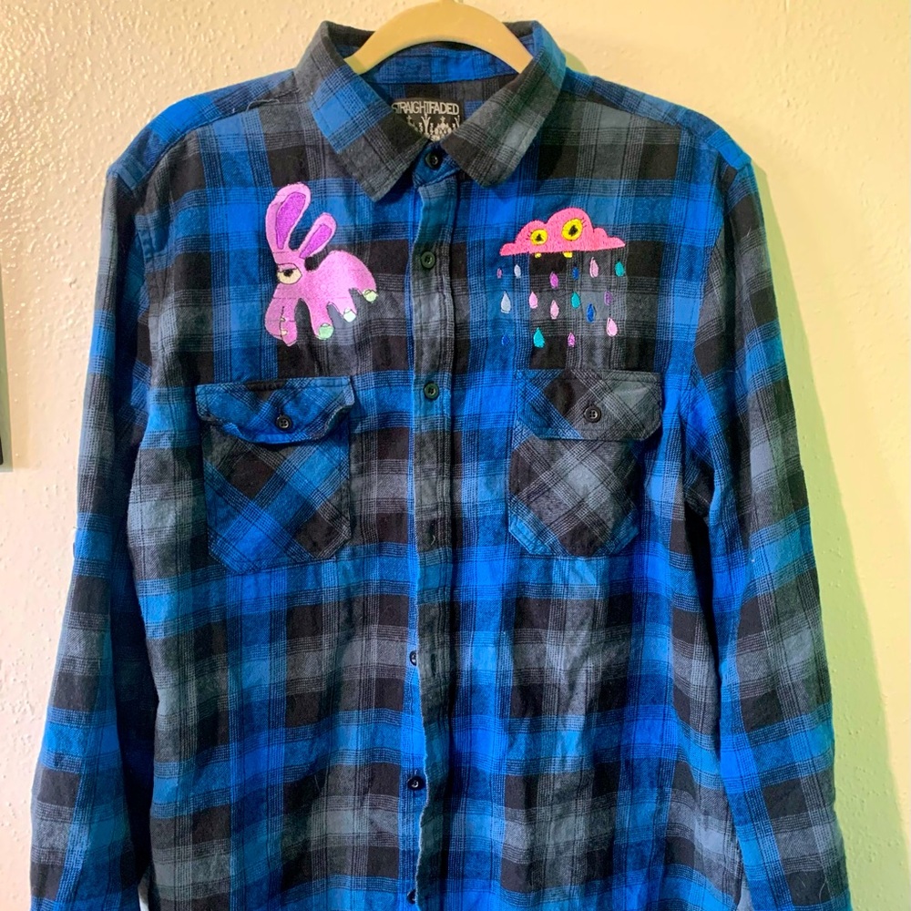 Blue Large Flannel with Embroidered Creatures